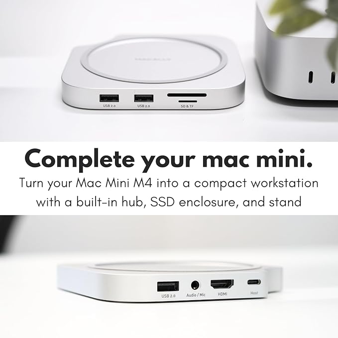 Macally Mac mini M4 Dock and Stand, Mac mini M4 Hub with NVMe/SATA SSD Enclosure, 4K HDMI 60hz, 3 USB A 10Gbps, USB C Data Port, SD Card Reader, 3.5mm Audio Jack
