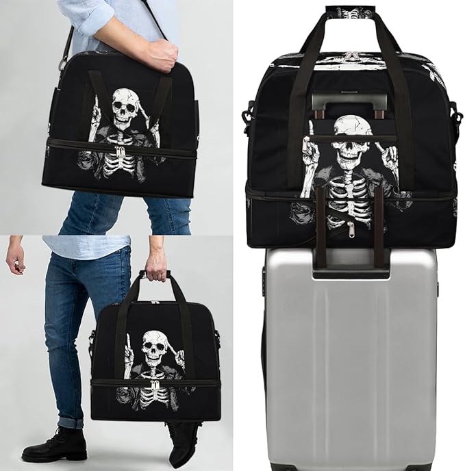 Sports Gym Bag, Human Skeleton Skull Halloween Travel Duffel Bag with Shoes Compartment Waterproof Overnight Bag Workout Weekender Bag Boys Girls Yoga Dance Bag Gym Tote Bag for Women Men