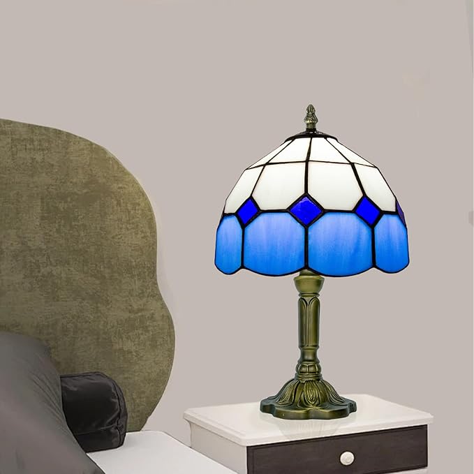Tiffany Lamp Blue, Small Stained Glass Lamp for Bedside, Living Room