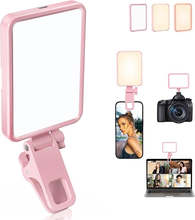 Rechargeable Soft Selfie Light for Phone, Camera, Laptop, 4-14H Battery Portable LED Light for Pictures, Phone Light Clip for Selfie, Vlog, TikTok, Makeup, Video Conference Pink