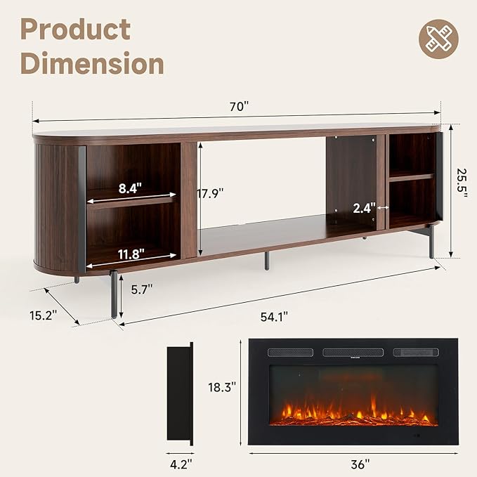 Luxury 70" Fluted Fireplace TV Stand, Modern Chic Entertainment Center for TVs Up to 80", TV Console for Living Room, Media Cabinet with Storage,70 Inch, Brown