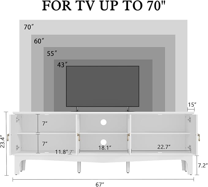 ARTPOWER 67“ Mid-Century Modern TV Stand for TVs up to 70”,Entertainment Center with Door Cabinets and Open Shelves,TV Console with Storage,White Media Cabinet for Living Room,Bedroom