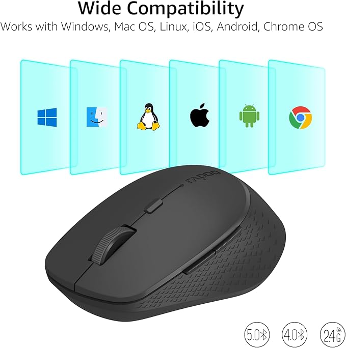 Rapoo M300G Silent Wireless Mouse, Bluetooth Mouse for Laptop, 2.4GHz with USB Receiver, 2400 Adjustable DPI Optical Tracking, 1 Year Battery Life, Compatible with PC, Black