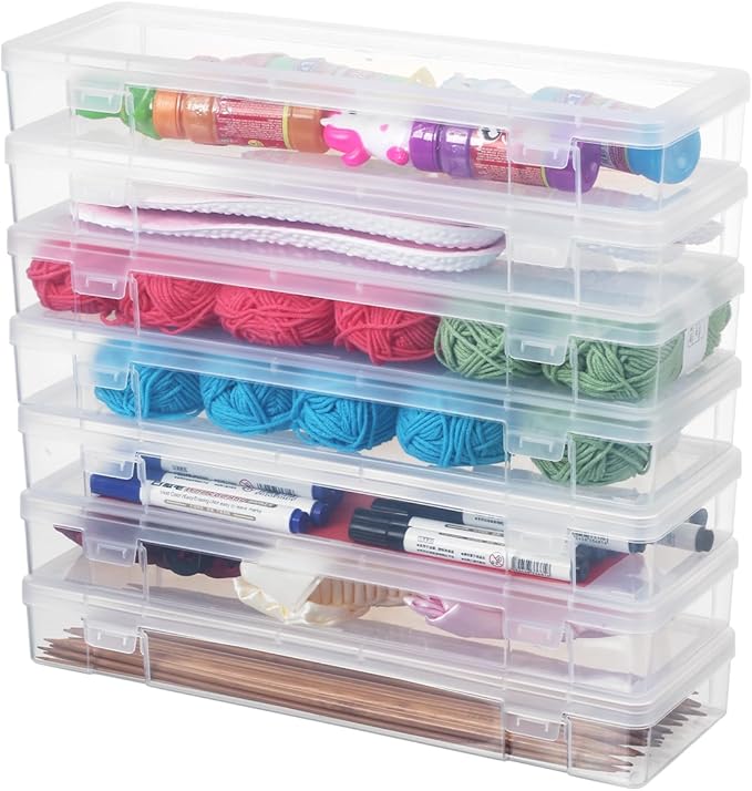 novelinks Stackable Plastic Clear Storage Box Containers with Latching Lid - Art Craft Supply Organizer Storage Containers for Pencil Box, Crayon, Beads, Jewelry (6 Pack Large -Clear)
