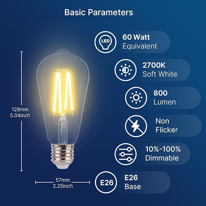FLSNT 7W LED Edison Bulbs, 60W Equivalent, 90+ High CRI, 2700K Soft White, ST19 Vintage LED Light Bulbs, 800LM, E26 Base, Dimmable, 6 Pack