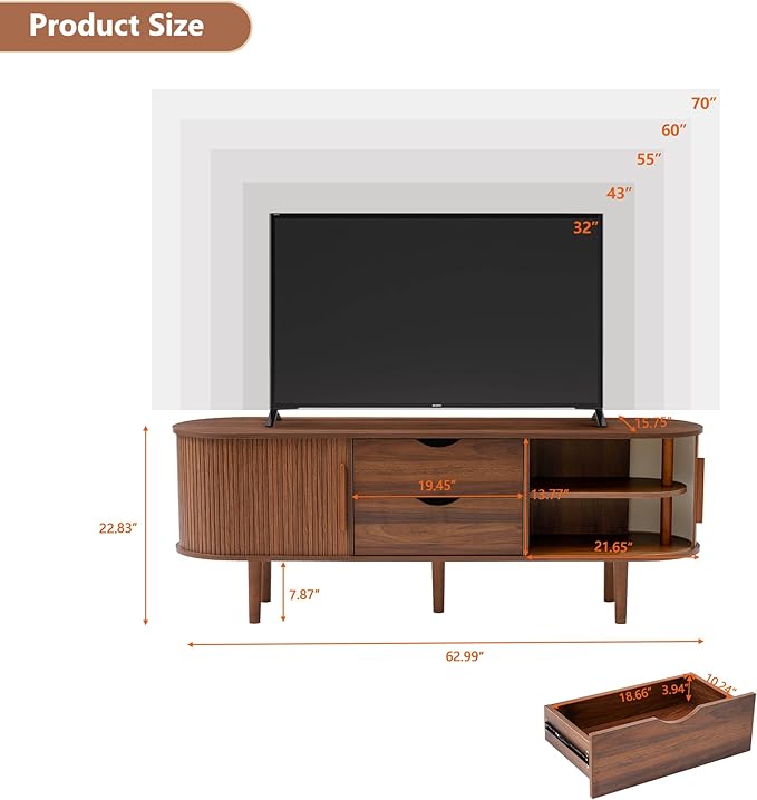 TV Stand, Media Console Table with Sliding Door and Storage Compartment, Modern Entertainment Center with Storage for Living Room, Bedroom, Home Office (Walnut with 2 Drawers)