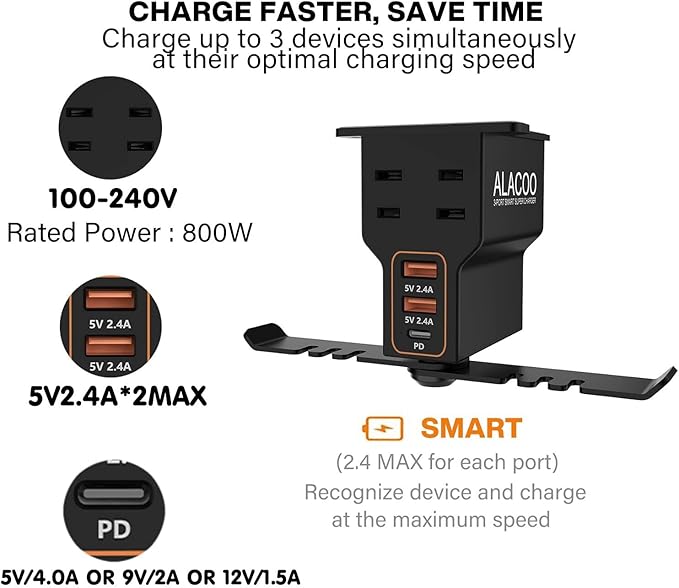 All-in-One Under Desk Headset Stand with Charging Station - Dual 360° Rotating Hooks, 3 USB Ports & AC Outlet, Built-in Surge Protector and Cable Management (Black)