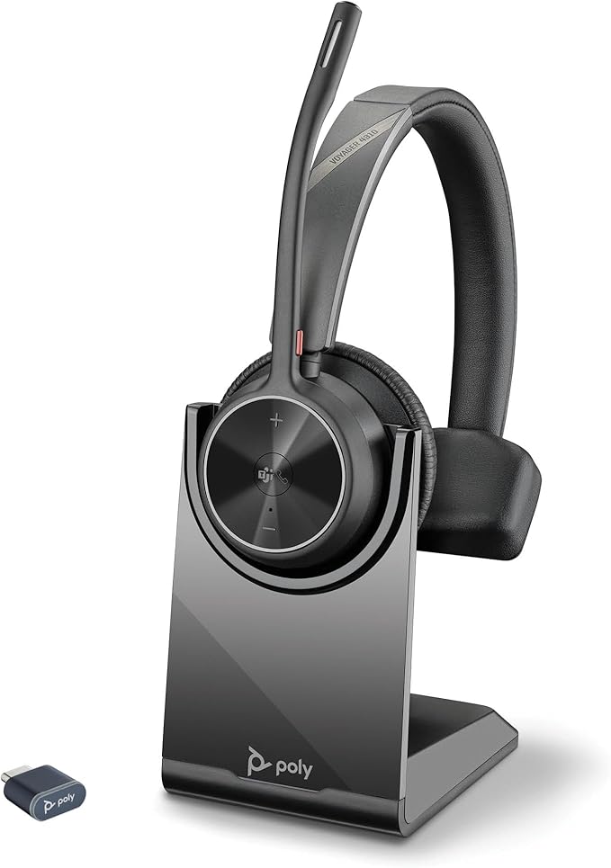 Poly Voyager 4310 UC Wireless Headset With Mic for Work, Mono, Charge Stand - Noise-Canceling Boom Mic - Connect PC via USB-C/USB-A Adapter, Phone via Bluetooth - Microsoft Teams Certified