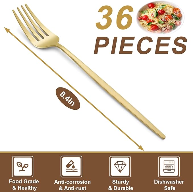 Pleafind 36-Pcs Matte Gold Dinner Forks, 8.4 Inch Forks Silverware, Stainless Steel Fork, Silverware Fork, Mirror Polished Metal Forks for Home, Kitchen, Restaurant, Dishwasher Safe