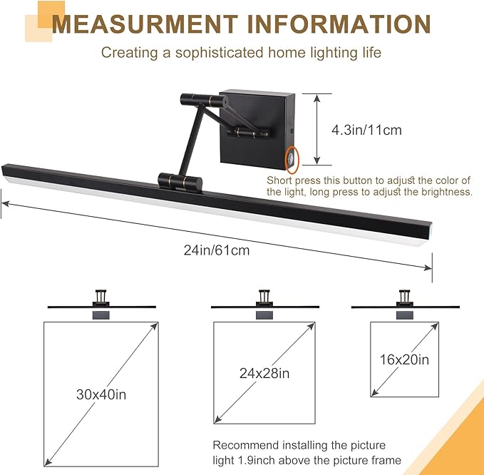 Picture Light for Wall 24" Cordless Lamp 270°Rotation Vanity Light Bar for Bathroom Over Mirror,3CCT Dimmable Art Light Led Wall Sconces for Poster,Room,Make Up,Hallway(Matte Black)
