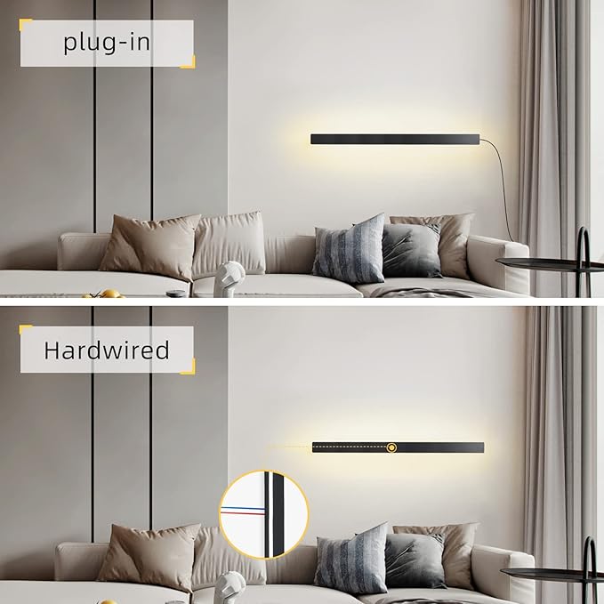 Modern Plug in Long Wall Sconce, 39" Black Matte LED Wall Lights, 20W Warm White 3000K Acrylic Indoor Wall lamp, with 59" Plug Cable for Bedroom, Living Room, Hallway