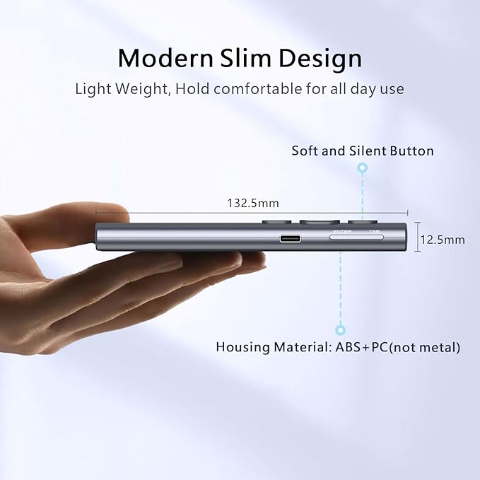 Norwii N95 Presentation Clicker, PowerPoint Clicker for Presentation Remote, Rechargeable Wireless Presenter Pointer, Slide Advancer for PC/Laptop/e-Book (BLE&USB-A&C, Green Light)