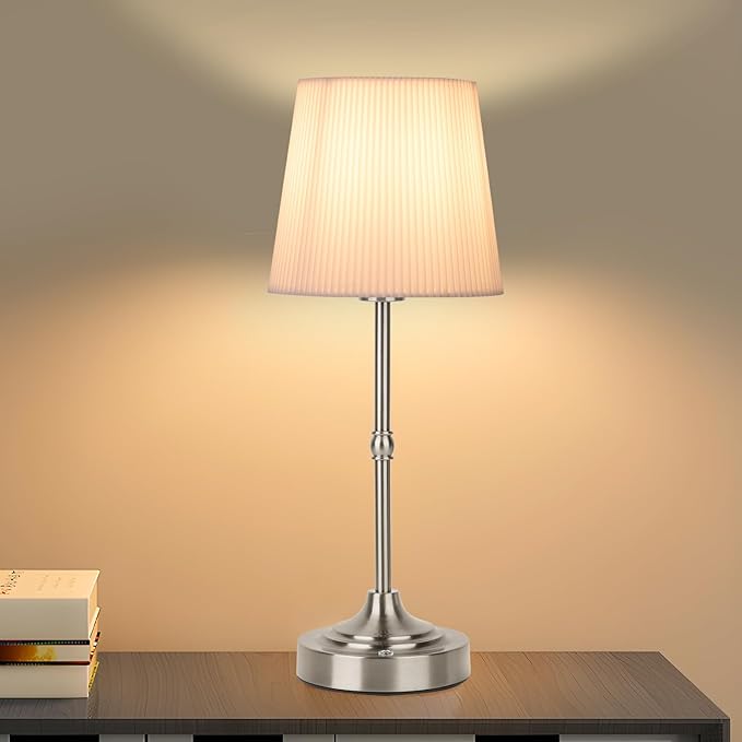 Cordless Rechargeable Table Lamp 5200mAh - Stepless Dimming & 3-Color Temperature, Touch Control Bedside Lamp with Fabric Shade for Bedroom, Patio, Camping, Balcony.(Silver)