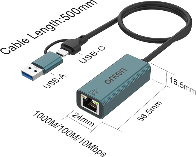 Onten USB-A and USB-C to Ethernet Adapter,Driver Free RJ45 to USB C or USB A, Gigabit Ethernet LAN Network Adapter for Windows,Mac OS, iOS and More