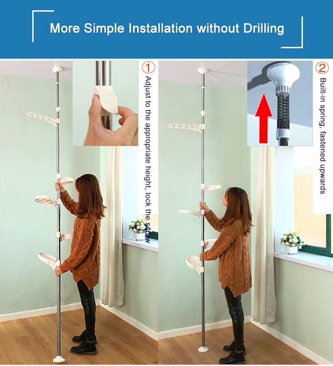 BAOYOUNI 5-Tier Tension Rod Plant Holder Pole, Flower Display Stand Rack Stainless Steel Decorative Shelf, Ivory