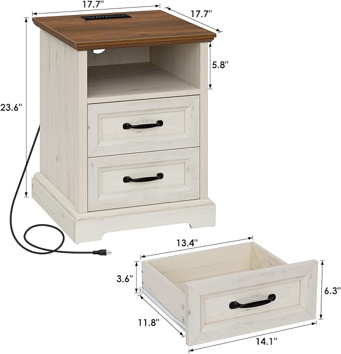 HOMMPA 18'' Farmhouse Nightstand with Charging Station, Bedside Tables with Storage, Bed Side End Table with Open Shelf, 2 Drawers Wood Night Stand Dresser for Bedroom, Living Room, Rustic White