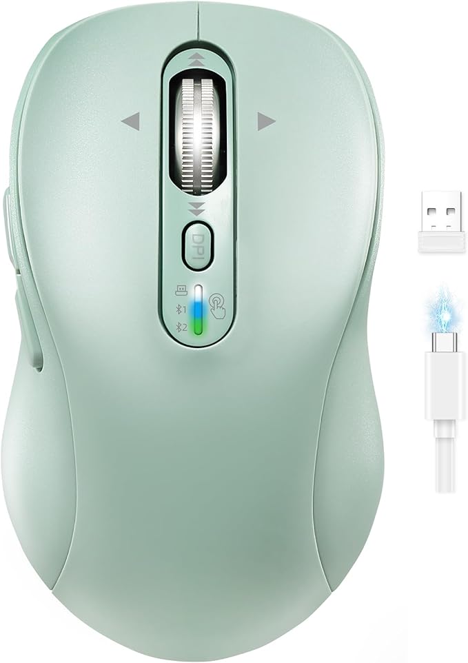Wireless Bluetooth Mouse for Laptop,USB+BT×2,Quiet Ergo Computer Mouses,Metal 4-Way Super Scrolling,± 3200 DPI,Rechargeable,10 Button,Plug&Play,Multi Device Cordless Mice for iPad,Tablet,Mac,PC(Green)