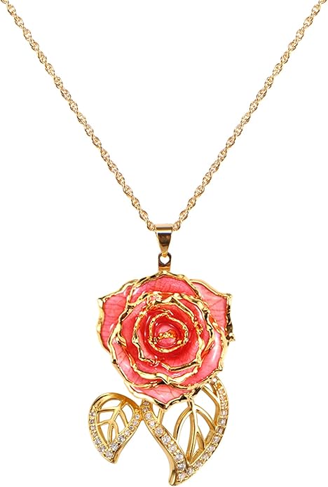 AliveRose Real Rose Gold Dipped Necklace Gifts for Women, 24K Gold Dipped Rose Pendant Necklace Jewelry Mothers Day Anniversaries Birthday Christmas Special Occasions Gifts for Her Mom Wife