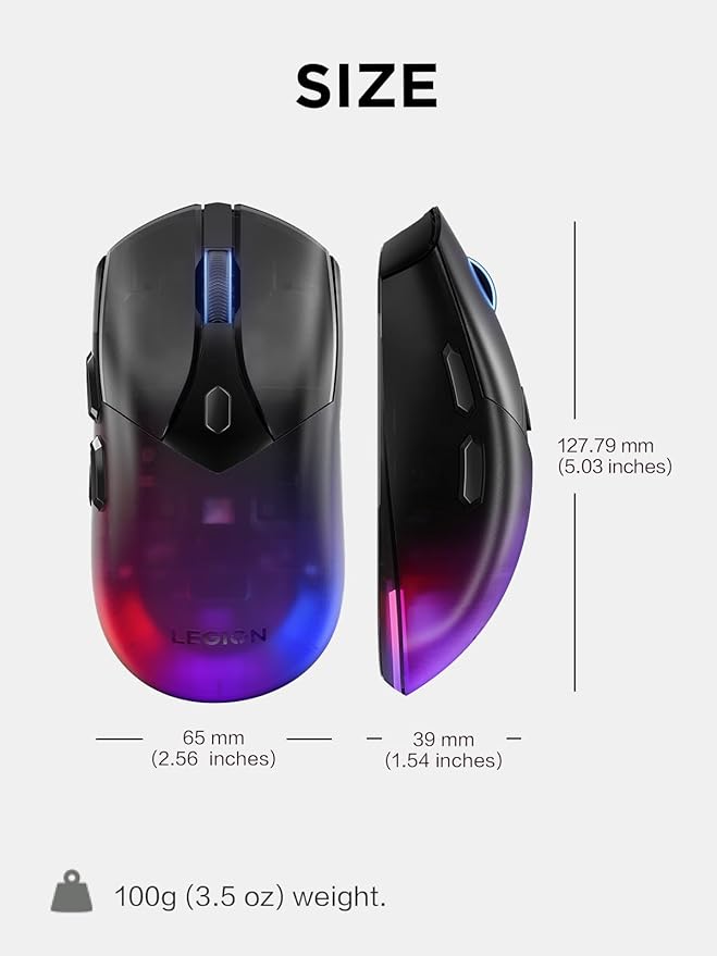 Lenovo Legion M410 Wireless RGB Gaming Mouse – 6 Button Palm Grip Mouse with 16,000 DPI, 53 Hour Rechargeable Battery, 2-Zone RGB Lighting, NVIDIA Reflex Compatible