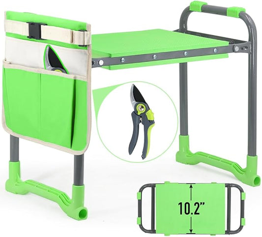 Garden Kneeler and Seat Heavy Duty with 10.2” Wider Soft Pad, Portable Folding Stool for Gardening with Extra Hand Pruner, Sturdy Garden Kneeling Bench for Senior Help Stand, Green