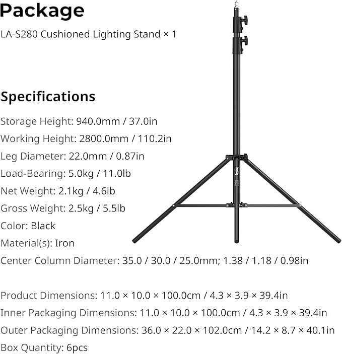 SmallRig LA-S28 Light Stand for Photography, 9.2ft/ 280cm/ 110" Spring Cushioned Lighting Stand, Max Load 5kg/ 11lbs, Compact Lightstand for Reflector, Ring Light, Softbox and COB Light