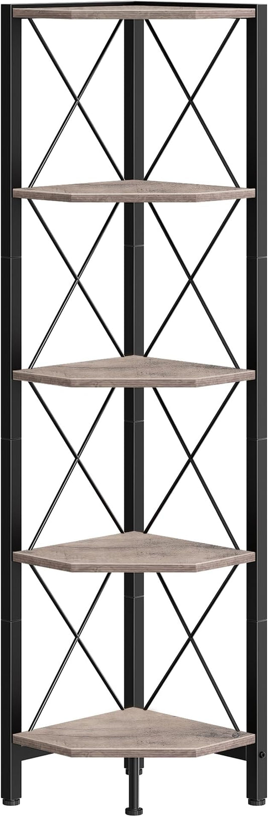 5-Tier Corner Shelf, Corner Bookcase, 55.2" Tall Vertical Display Rack, Plant Stand, Open Storage Shelf, for Living Room, Bedroom, Study, Kitchen, Greige and Black TCJ12BG