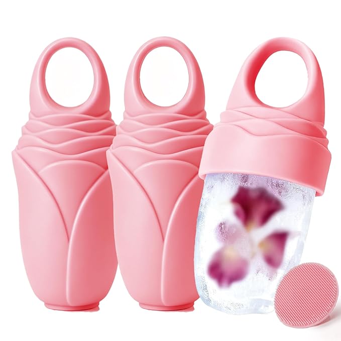 3 Pcs Facial Ice Roller Silicone Mold Reusable for Face Women and Eye Neck Cold Skin Care Tools Freezer De Puff Eyes Bags Reduce Migraine Pain Pink