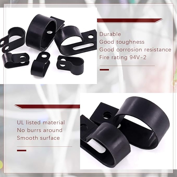 Hilitchi 135 Pcs 6 Sizes Black Plastic Cable Clamp R Type Screw Mounting Cord Fastener Cable Clips Assortment Kit with Screws for Wire Management Cable Conduit (Clips from 6mm to 23mm)