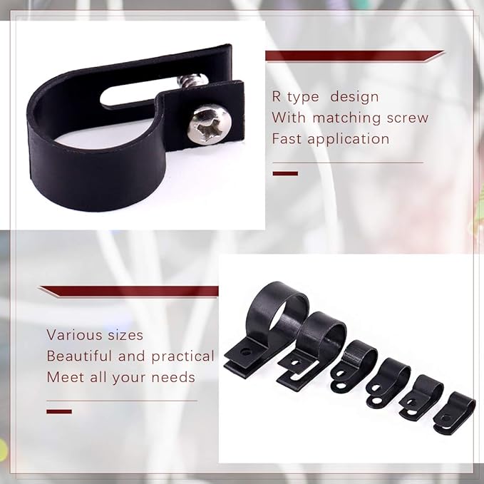 Hilitchi 135 Pcs 6 Sizes Black Plastic Cable Clamp R Type Screw Mounting Cord Fastener Cable Clips Assortment Kit with Screws for Wire Management Cable Conduit (Clips from 6mm to 23mm)