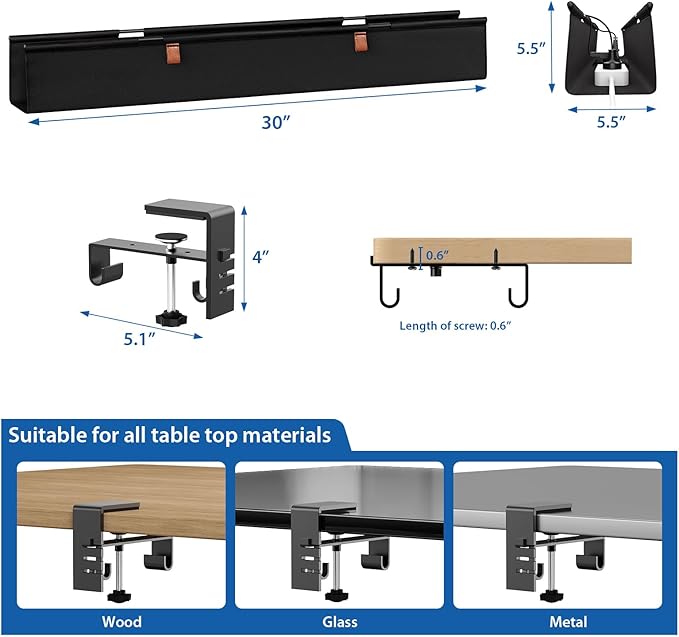 Zilink No Dril Under Desk Cable Management Tray 30" Standing Desk Cable Management Clamp/Screw Mount Under Table Cord Premium Fabric Wire Organizer Management for Home Office