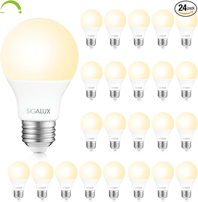 Sigalux EcoBright, T20 Compliant LED Light Bulbs 60W A19 Dimmable 2700K Warm Lightbulbs, Efficient 8W Soft White LED Bulbs with E26 Medium Base, 750 Lumens,ETL Listed,24 Packs