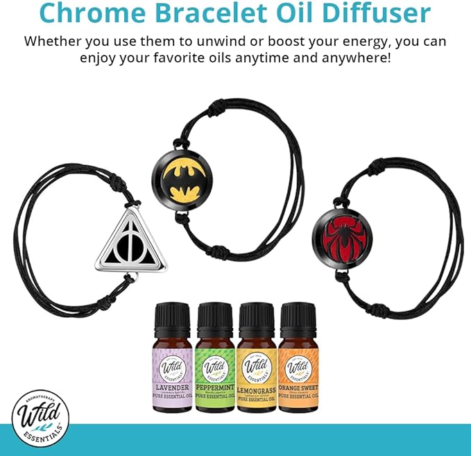 Wild Essentials Potter Hallows Essential Oil Diffuser Bracelet Gift Set with Aromatherapy Pendant, Adjustable Nylon Band, 12 Pads and 100% Pure Oils; Lavender, Lemongrass, Orange and Peppermint