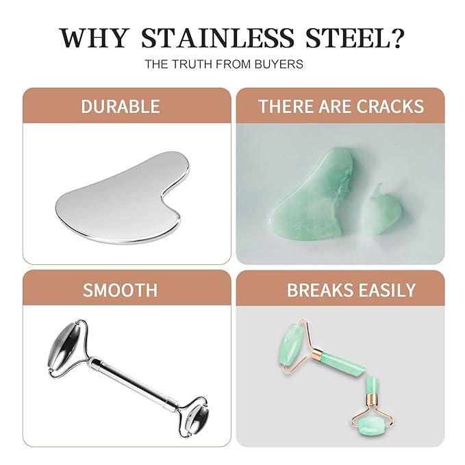 Stainless Steel Facial Roller & Gua Sha - Metallic Gua Sha, Gua Sha Facial Tools 304 Stainless Steel, Face Body Treatment, Reduce Puffiness, Lymphatic Drainage, Facial Tension
