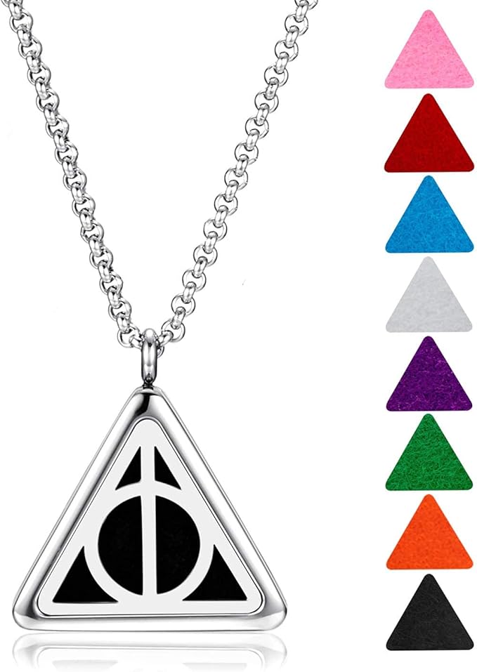 Wild Essentials Potter Hallows Necklace Aromatherapy Diffuser Pendant, 24" Stainless Steel Chain, 8 Color Refill Pads