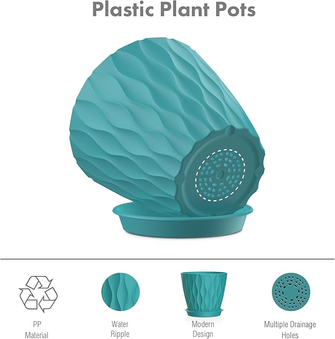 6 inch Flower Pots, 5 Pack Plant Pots for Indoor Plants, Water Ripples Plastic Planters with Drainage Holes and Saucers, Nursery Pots for Small Succulent Garden House Plants, Blue Green