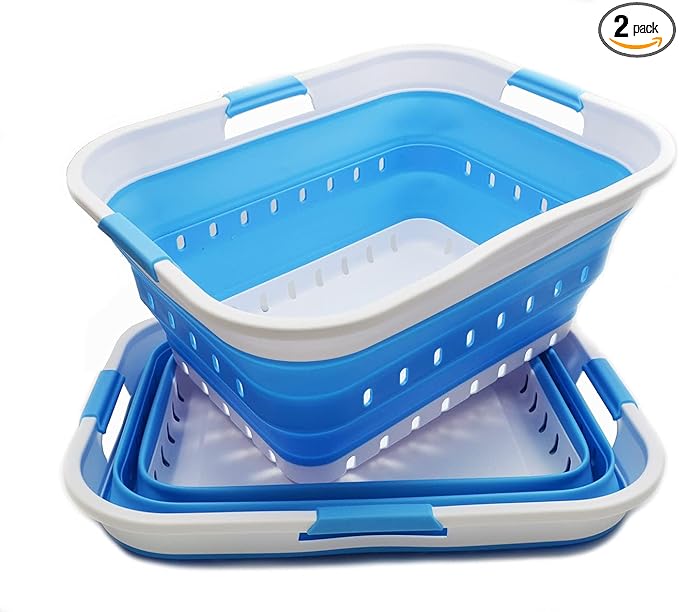 SAMMART 42L (11 gallon) Collapsible Plastic Laundry Basket - Foldable Pop Up Storage Container/Organizer - Portable Basket - Space Saving Hamper/Basket (2, White/Marine Blue)