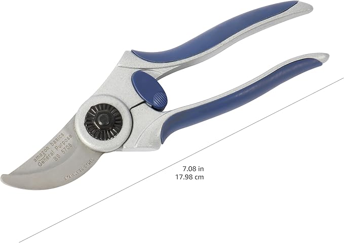 Amazon Basics Professional Hand Pruners, Pruning Shears for gardening, 7-inch Steel Bypass Garden Scissors, Blue