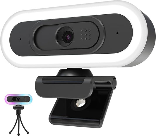 saylas 2K 50FPS Webcam, Streaming Camera with Fill RGB Lights, Autofocus, Dual Noise-Cancelling Microphones, Privacy Cover and Tripod for Computer, PC, Zoom, Skype, Teams, Laptop