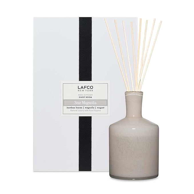 LAFCO New York Signature Reed Diffuser, Star Magnolia - 15 oz - Up to 9 Months Fragrance Life - Reusable, Hand Blown Glass Vessel - Natural Wood Reeds - Made in The USA