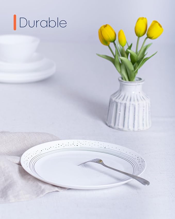 10.5 inch Dinner Plate Set of 6, Lightweight Round Opal Glass Dinnerware Plates, Dishwasher and Microwave Safe, Black Modern Speckled Design