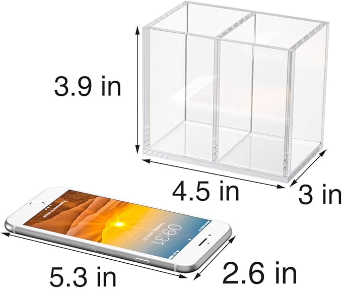 NIUBEE Acrylic Pen Holder 2 Compartments, Clear Pencil Organizer Cup for Countertop Desk Accessory Storage