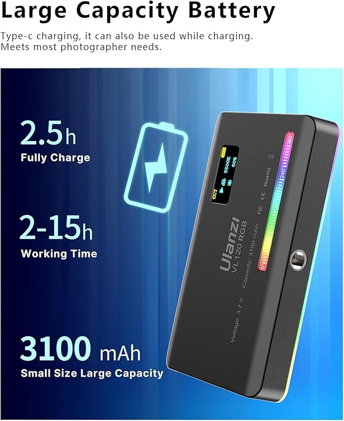 ULANZI VL120 RGB Video Light, Pocket LED On-Camera Video Lights, Built-in 3100mAh Rechargeable Battery, 360 Full Color 20 Light Effects, CRI≥95 2500-9000K LED Panels for Photography Vlogging