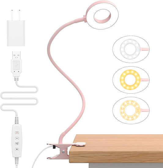 iZELL Desk Lamp, LED Reading Light with Clamp, 3 Color Modes & 10 Brightness Flexible Gooseneck Book Light for Kids Reading Book in Bed at Night Clip on Table, Computer, Zoom Meetings - 27.6‘’ Pink