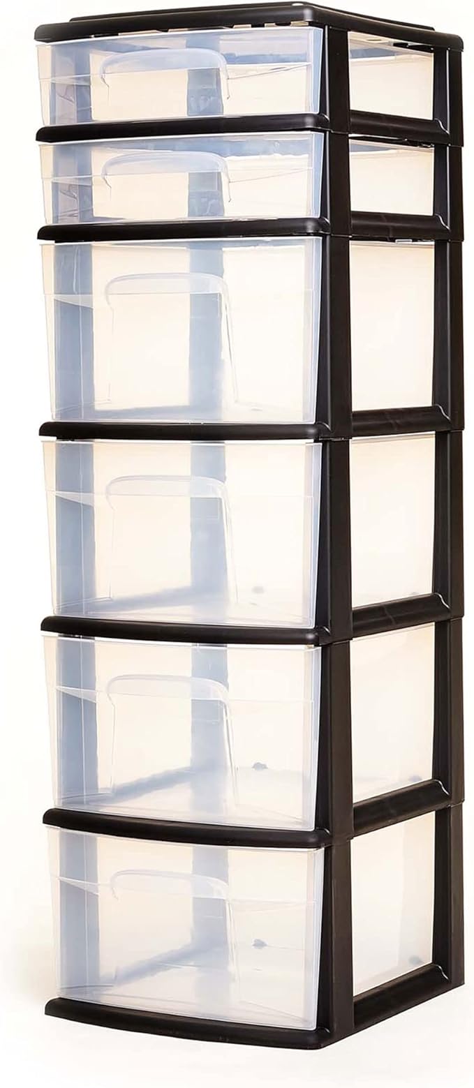 HOMZ 2-Pack Drawer Tower, 6-Tier Clear Plastic Storage Organizer Cart, Black Frame - Organizing Containers for Home, Office, Bathroom, Bedroom, and Classroom