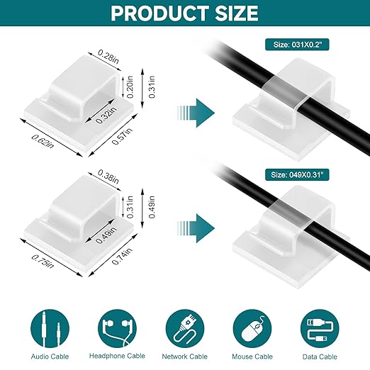 63pcs Translucent Cable Management,Adhesive Cable Clips,Cord Organizer Inner Diameter 0.49"x 0.31",Cord Clips for Wires on Wall,Under Desk,Nightstand,PC,TV,Outdoor Christmas Lights Strip