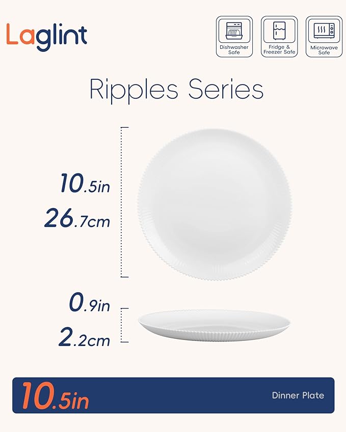 10.5 inch Ribbed Dinner Plate Set of 6, Round Opal Glass White Dinnerware Plates, Dishwasher and Microwave Safe