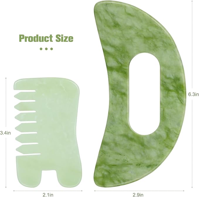 Jade Stone Gua Sha Massage Tool Set Larger Guasha Board with Handle, Muscle Scraping Massage Tools, Guasha Scraping Scalp Comb, Acupuncture Tools for Back Neck, Head, Relaxation Lymphatic Drainage