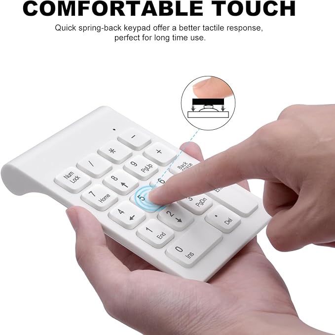 TRELC Wireless Numeric Keypad, Mini 2.4G 18 Keys Number Pad, Portable Silent Financial Accounting Numeric Keypad Keyboard Extensions with Wireless Mouse for Laptop, PC, Desktop, Notebook (White)