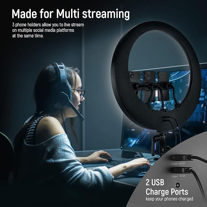 NEEWER Ring Light RP19H 19 Inch with Tripod Stand 3 Phone Holders Compatible with iPhone, Upgraded 2.4G Touch Control Ringlight for Video Recording Streaming Home Office Zoom Selfie Makeup Lighting