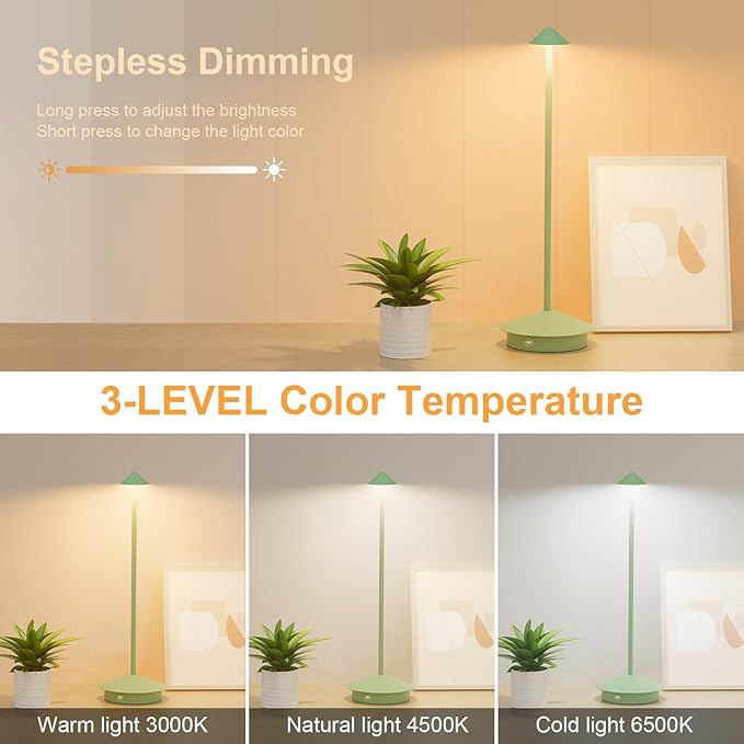 2-Pack 6000mAh Rechargeable Led Table Lamp Cordless,3000K-6000K Stepless Dimming Touch Lamps with Memory Function,IP54 Waterproof Aluminum Table Light for Outdoor/Bars/Restaurant/Patio(Green)